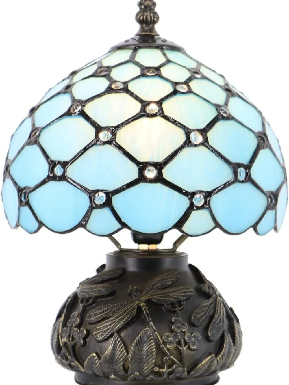 Charming Mini Mushroom Table Lamp - Antique Style, Sea Blue Beads, 8x11 Inch